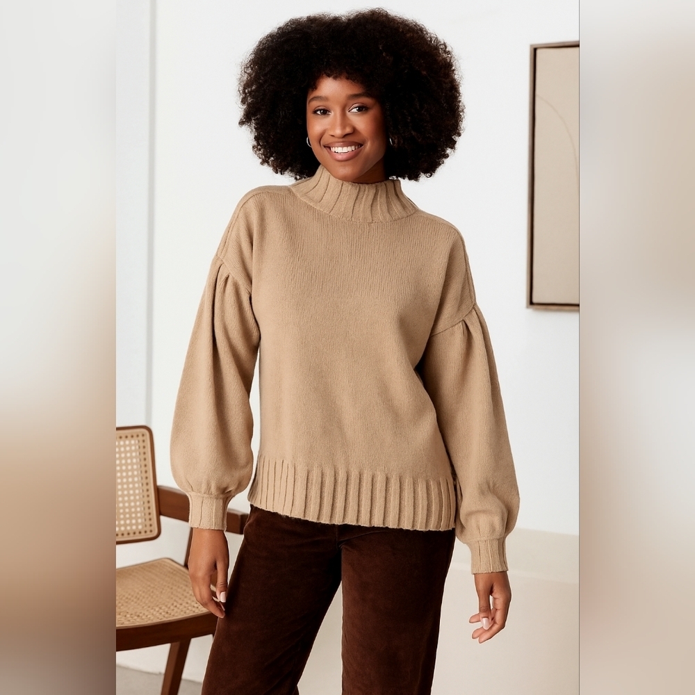 NWT New In Beige Mock Neck Balloon Sleeve Knit Sweater